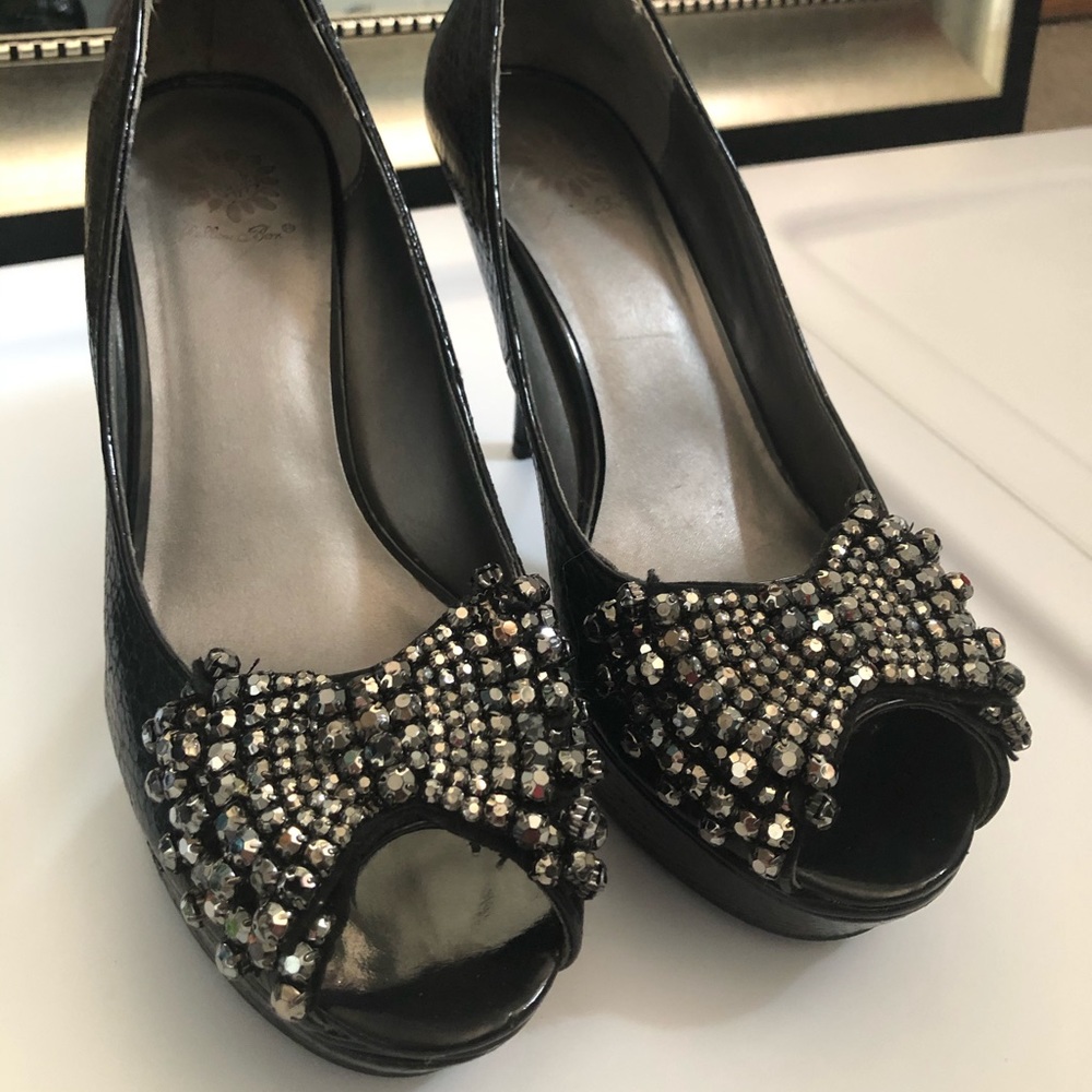 Black Peep Toe Rhinestone Heels Pumps by Yellow Box